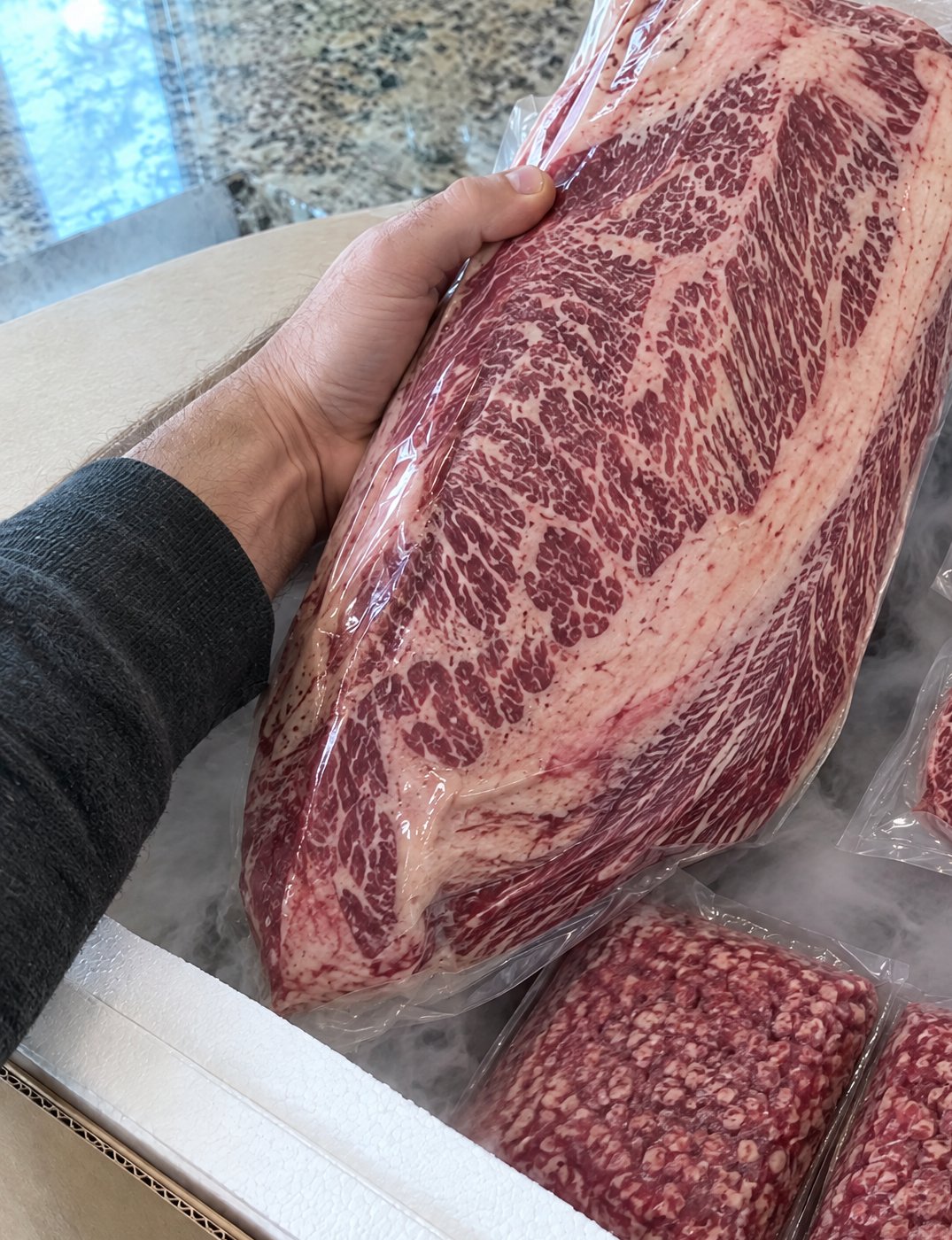 Brisket lifted out of the shipping cooler